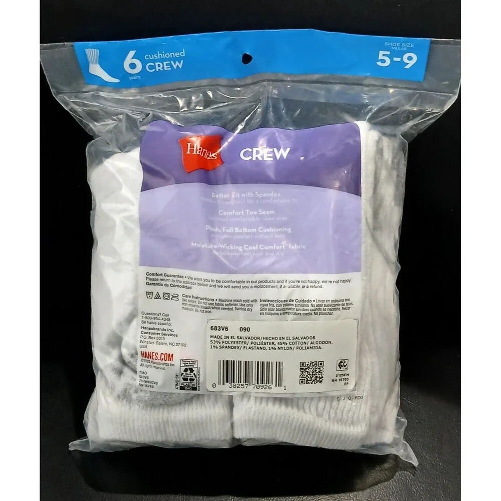 Hanes Women Cushioned Crew Socks. Lot of 6 Of 6 Pairs Each. 36  Total. Size 5-9